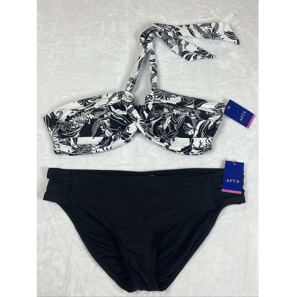 Apt. 9 2-pc Bikini Bandeau Halter Hipster Bottom Black White Size XXL 20 NEW